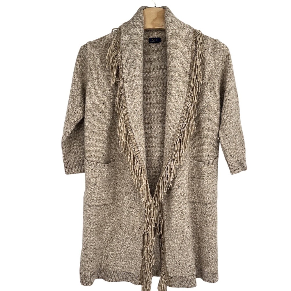 Polo Ralph Lauren Tan Cashmere Wool Blend Fringe Cardigan‎ Open Front Sweater M